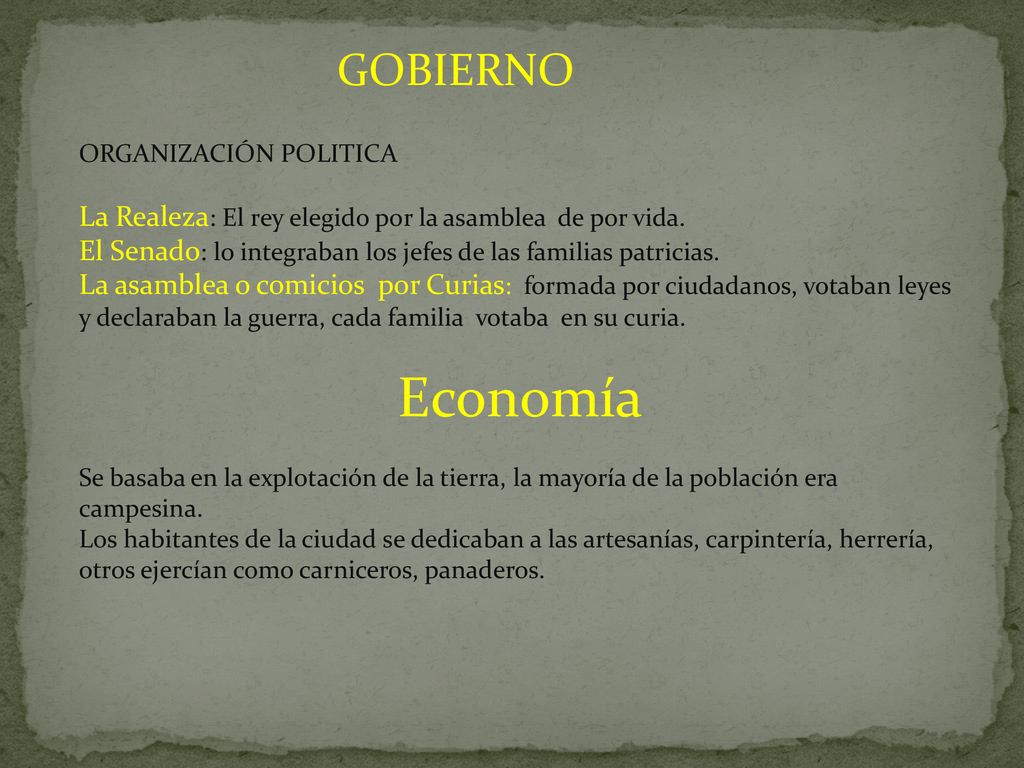 GOBIERNO ORGANIZACIÓN POLITICA. La Realeza: El rey elegido por la asamblea de por vida.