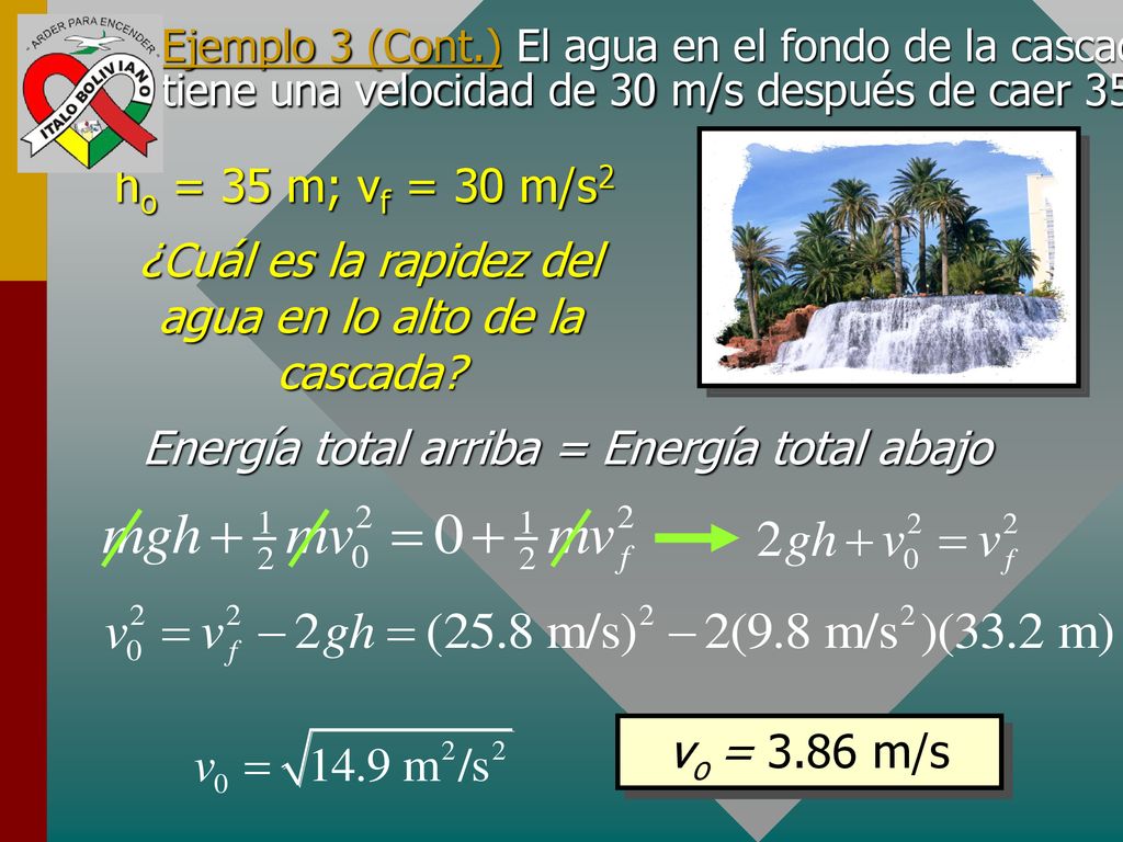 ¿Cuál es la rapidez del agua en lo alto de la cascada