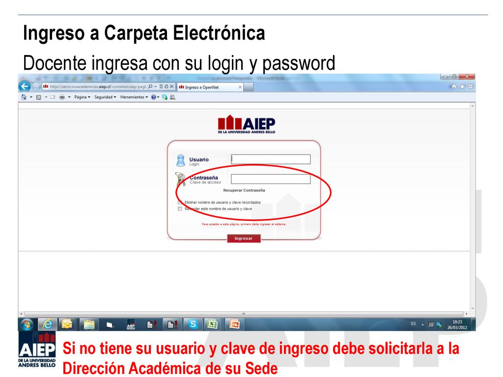 Ingreso a Carpeta Electrónica Docente ingresa con su login y password