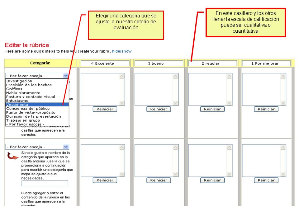 Elegir una categoría que se ajuste a nuestro criterio de evaluación
