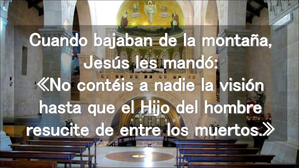 Cuando bajaban de la montaña, Jesús les mandó: «No contéis a nadie la visión hasta que el Hijo del hombre resucite de entre los muertos.»