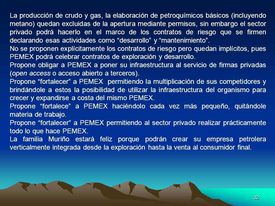 La producción de crudo y gas, la elaboración de petroquímicos básicos (incluyendo metano) quedan excluidas de la apertura mediante permisos, sin embargo el sector privado podrá hacerlo en el marco de los contratos de riesgo que se firmen declarando esas actividades como desarrollo y mantenimiento .