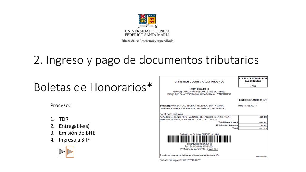 2. Ingreso y pago de documentos tributarios Boletas de Honorarios*
