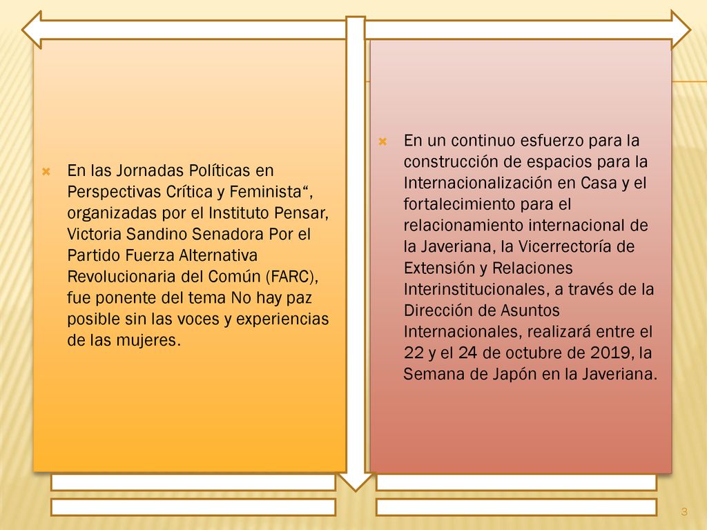 En las Jornadas Políticas en Perspectivas Crítica y Feminista , organizadas por el Instituto Pensar, Victoria Sandino Senadora Por el Partido Fuerza Alternativa Revolucionaria del Común (FARC), fue ponente del tema No hay paz posible sin las voces y experiencias de las mujeres.