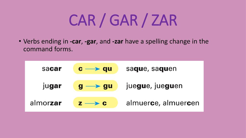 CAR / GAR / ZAR Verbs ending in -car, -gar, and -zar have a spelling change in the command forms.