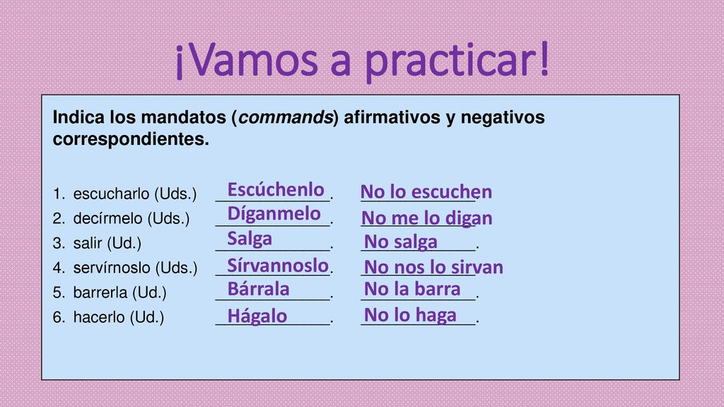 ¡Vamos a practicar! Escúchenlo No lo escuchen Díganmelo No me lo digan