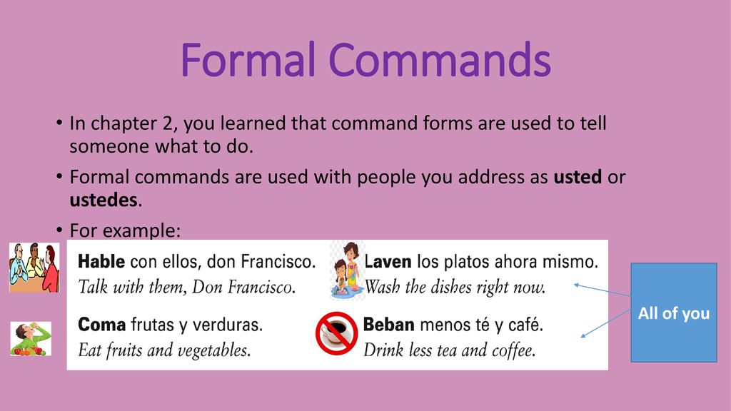 Formal Commands In chapter 2, you learned that command forms are used to tell someone what to do.