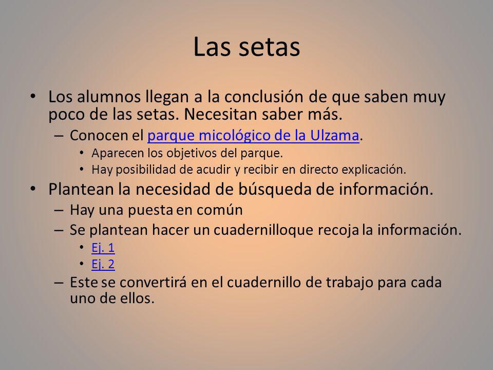 Las setas Los alumnos llegan a la conclusión de que saben muy poco de las setas. Necesitan saber más.