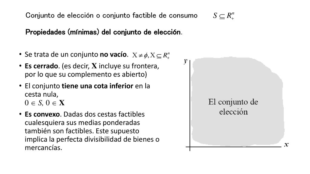Conjunto de elección o conjunto factible de consumo Propiedades (mínimas) del conjunto de elección.