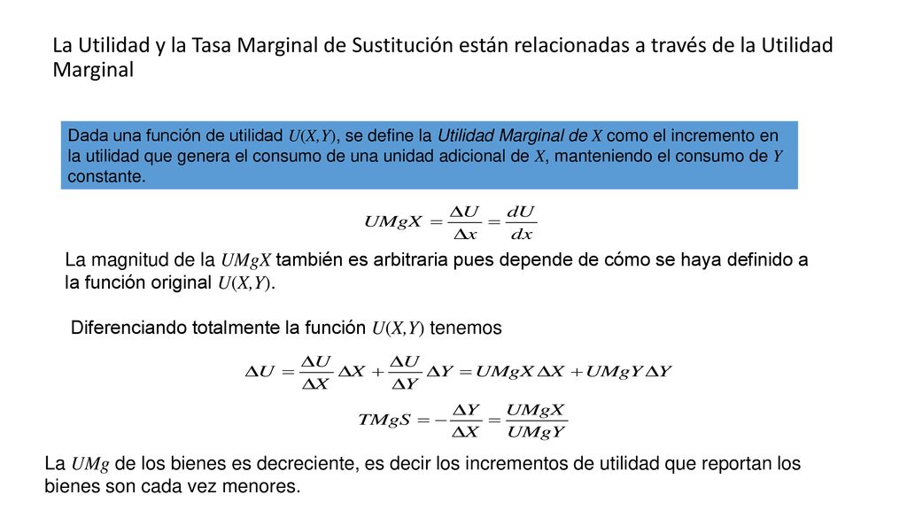 La Utilidad y la Tasa Marginal de Sustitución están relacionadas a través de la Utilidad Marginal