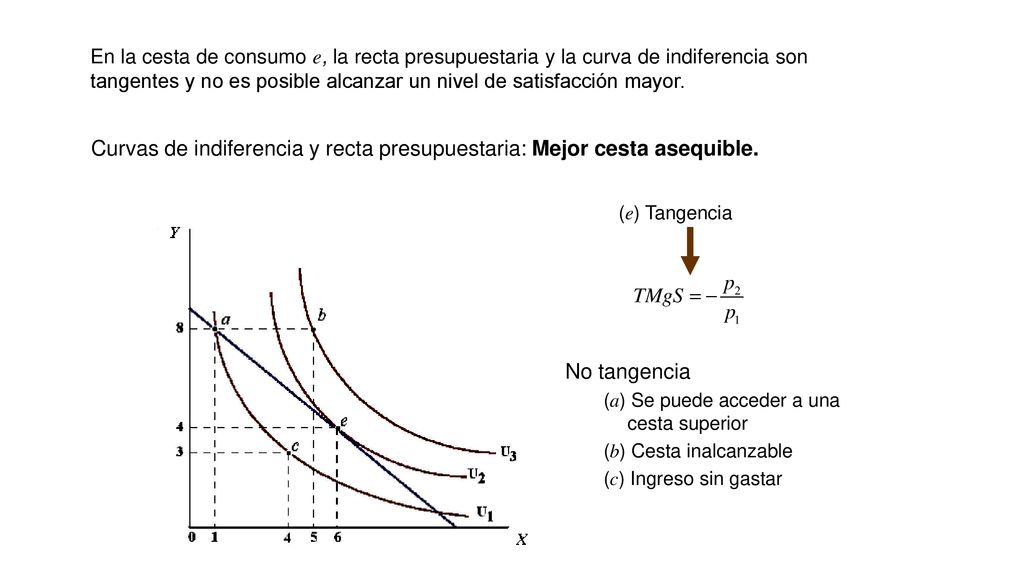 Curvas de indiferencia y recta presupuestaria: Mejor cesta asequible.