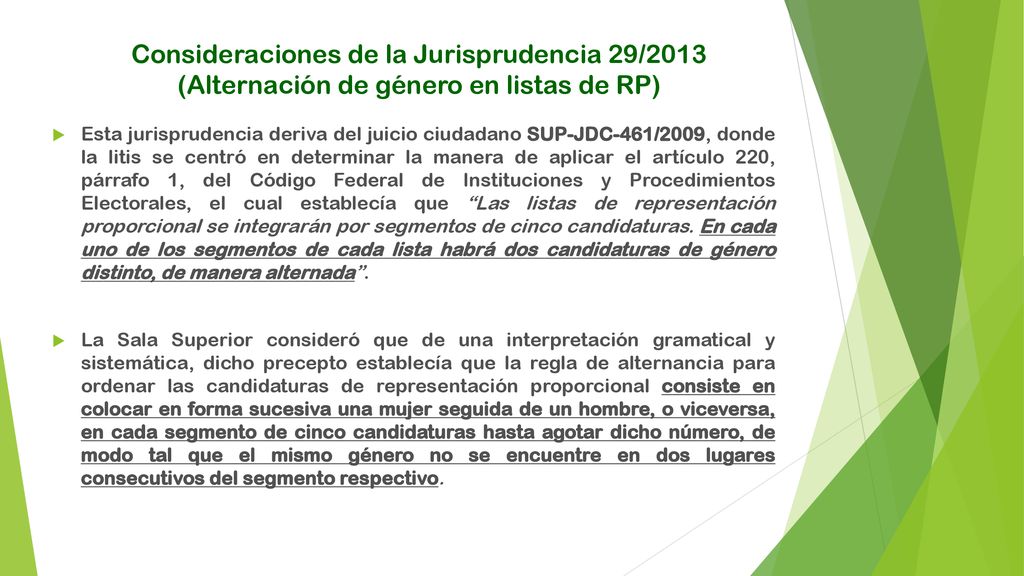 Consideraciones de la Jurisprudencia 29/2013 (Alternación de género en listas de RP)