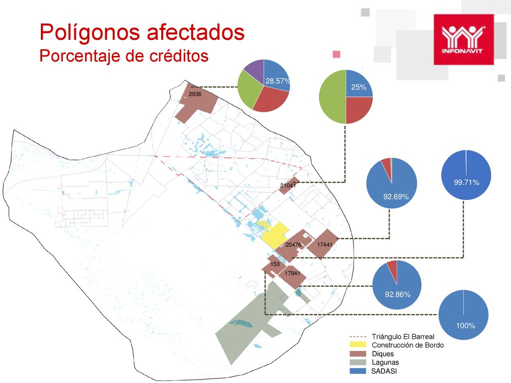 Polígonos afectados Porcentaje de créditos 28.57% 25% 99.71% 92.69%