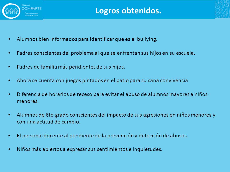 Logros obtenidos. Alumnos bien informados para identificar que es el bullying.