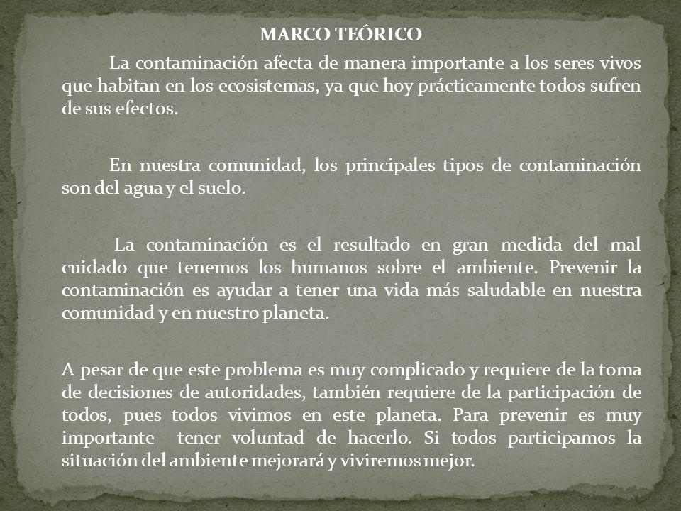MARCO TEÓRICO La contaminación afecta de manera importante a los seres vivos que habitan en los ecosistemas, ya que hoy prácticamente todos sufren de sus efectos.
