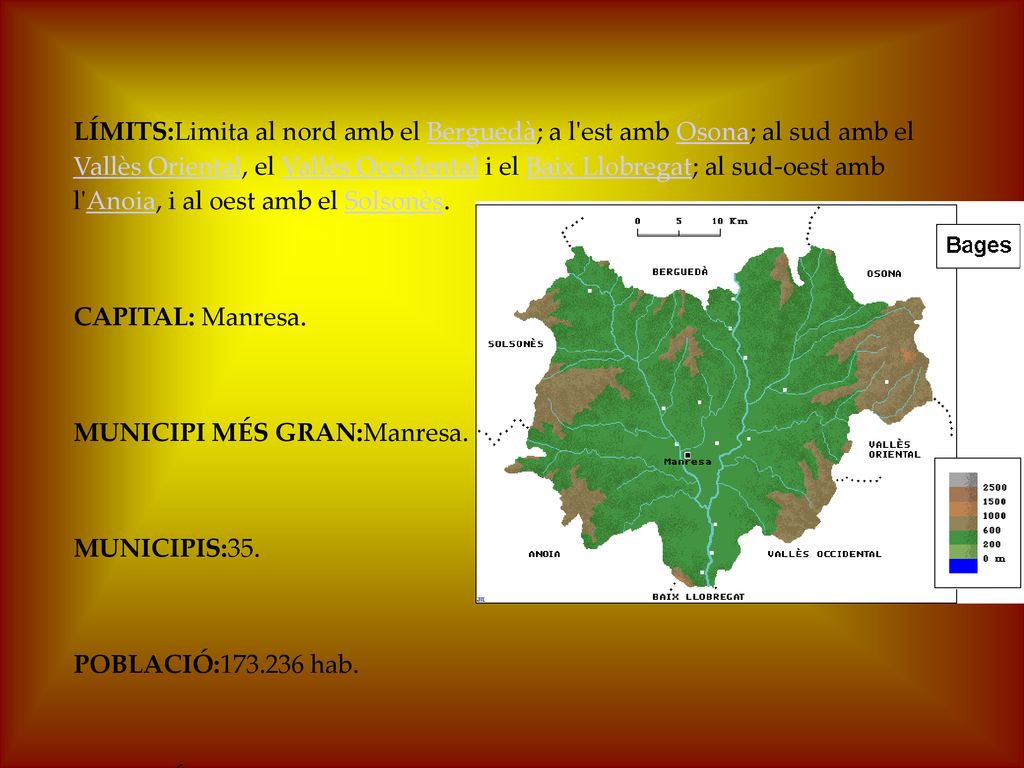 LÍMITS:Limita al nord amb el Berguedà; a l est amb Osona; al sud amb el Vallès Oriental, el Vallès Occidental i el Baix Llobregat; al sud-oest amb l Anoia, i al oest amb el Solsonès.