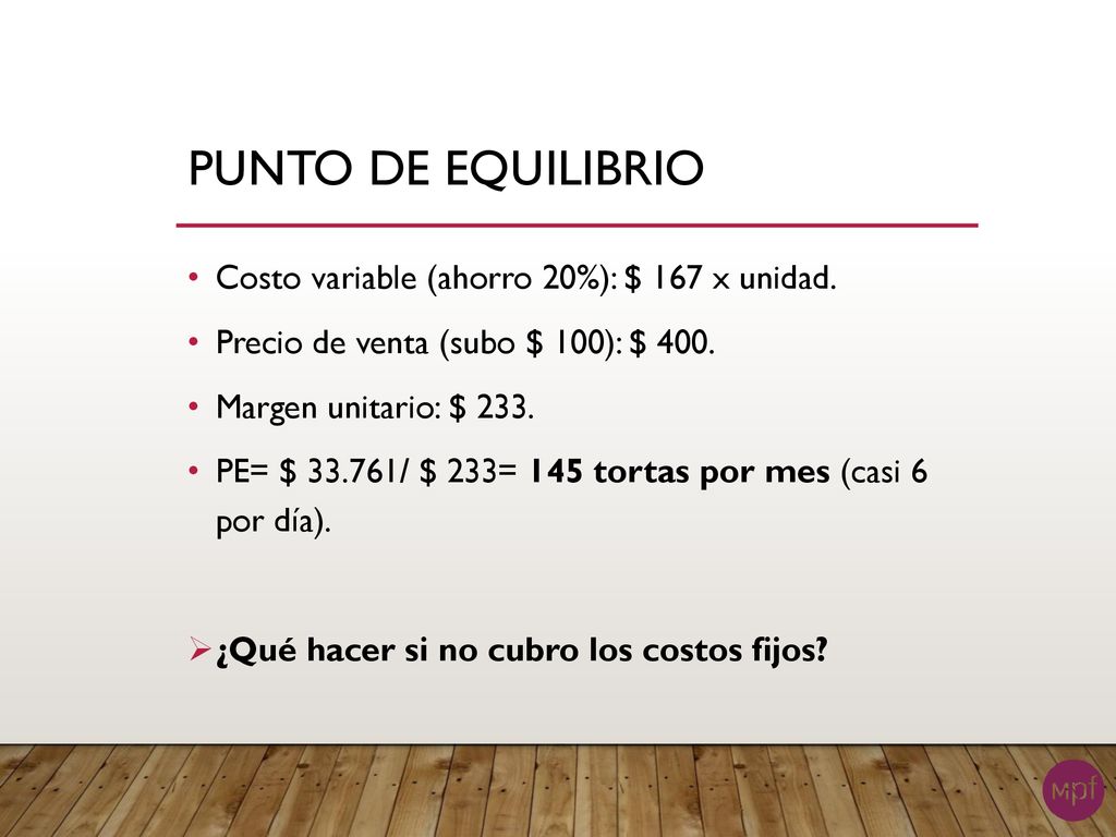 PUNTO DE EQUILIBRIO Costo variable (ahorro 20%): $ 167 x unidad.