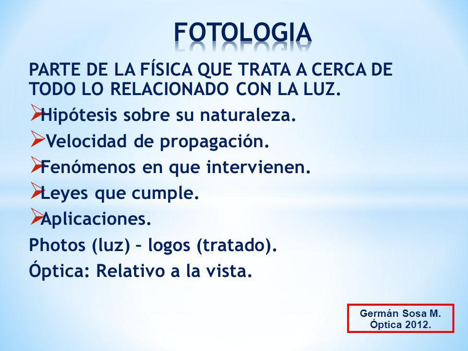 FOTOLOGIA PARTE DE LA FÍSICA QUE TRATA A CERCA DE TODO LO RELACIONADO CON LA LUZ. Hipótesis sobre su naturaleza.