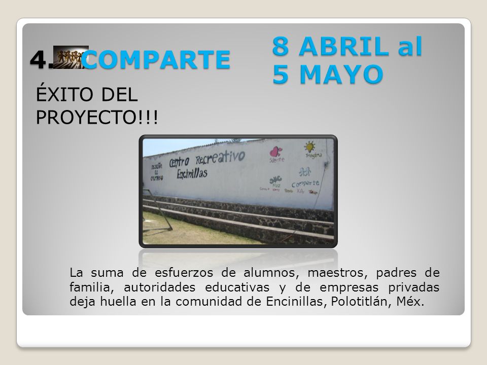 8 ABRIL al 5 MAYO 4. COMPARTE ÉXITO DEL PROYECTO!!!