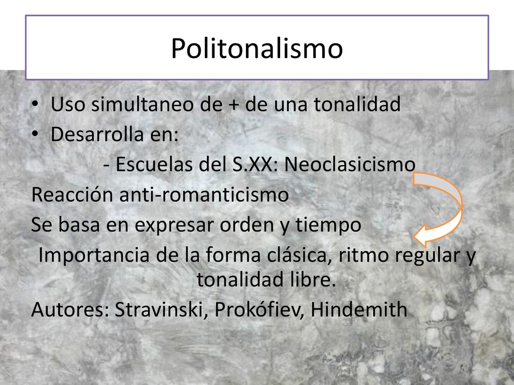 Politonalismo Uso simultaneo de + de una tonalidad Desarrolla en: