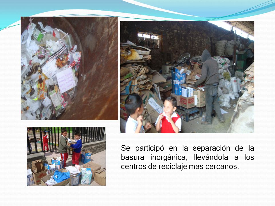 Se participó en la separación de la basura inorgánica, llevándola a los centros de reciclaje mas cercanos.