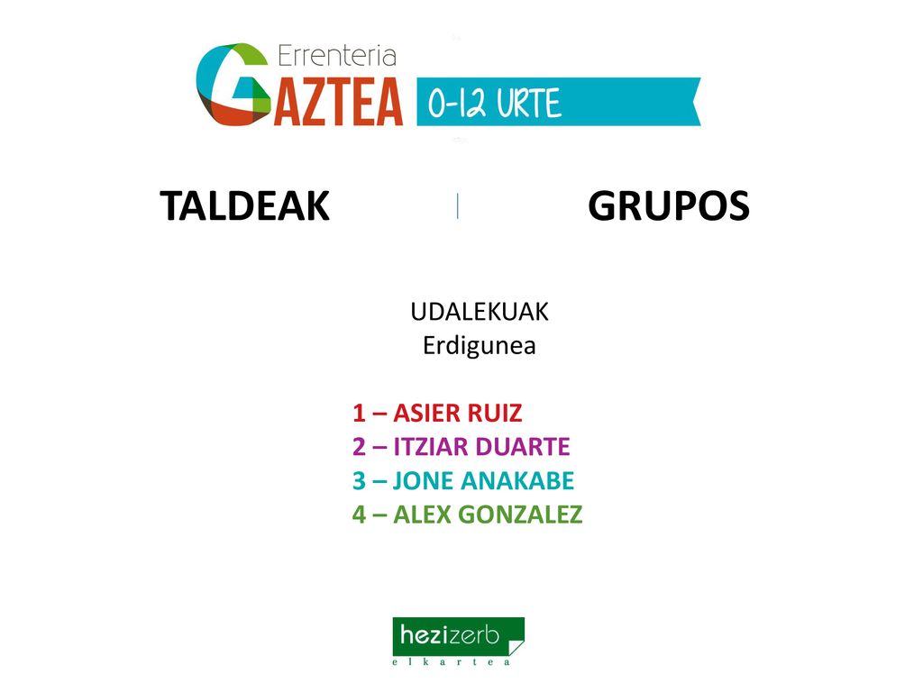 TALDEAK GRUPOS UDALEKUAK Erdigunea 1 – ASIER RUIZ 2 – ITZIAR DUARTE