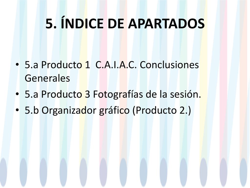 5. ÍNDICE DE APARTADOS 5.a Producto 1 C.A.I.A.C. Conclusiones Generales. 5.a Producto 3 Fotografías de la sesión.