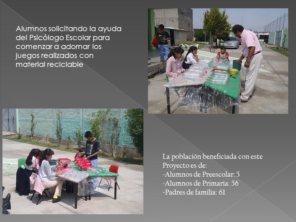 Alumnos solicitando la ayuda del Psicólogo Escolar para comenzar a adornar los juegos realizados con material reciclable