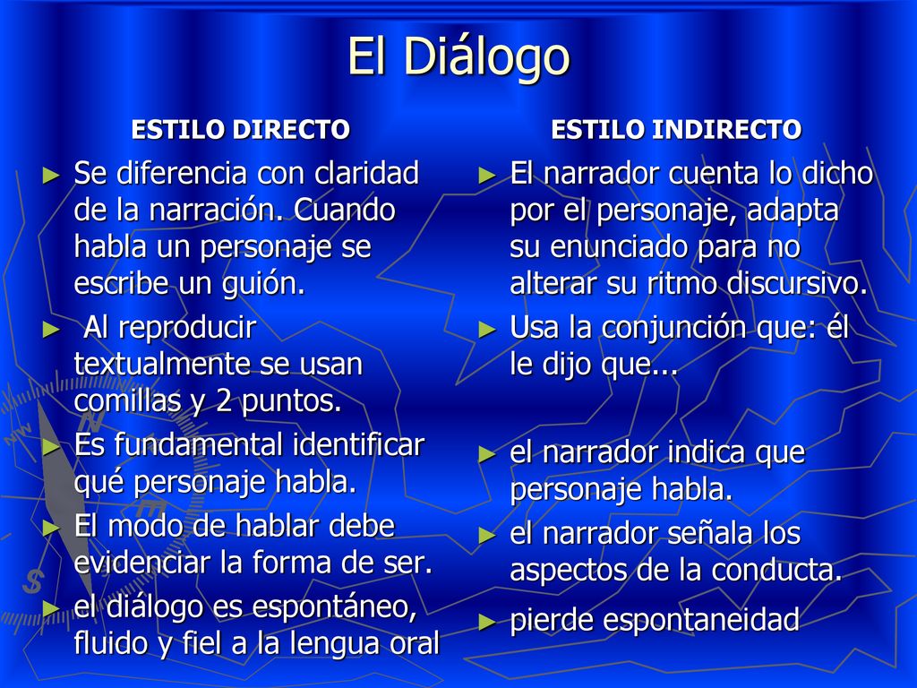 El Diálogo ESTILO DIRECTO. Se diferencia con claridad de la narración. Cuando habla un personaje se escribe un guión.