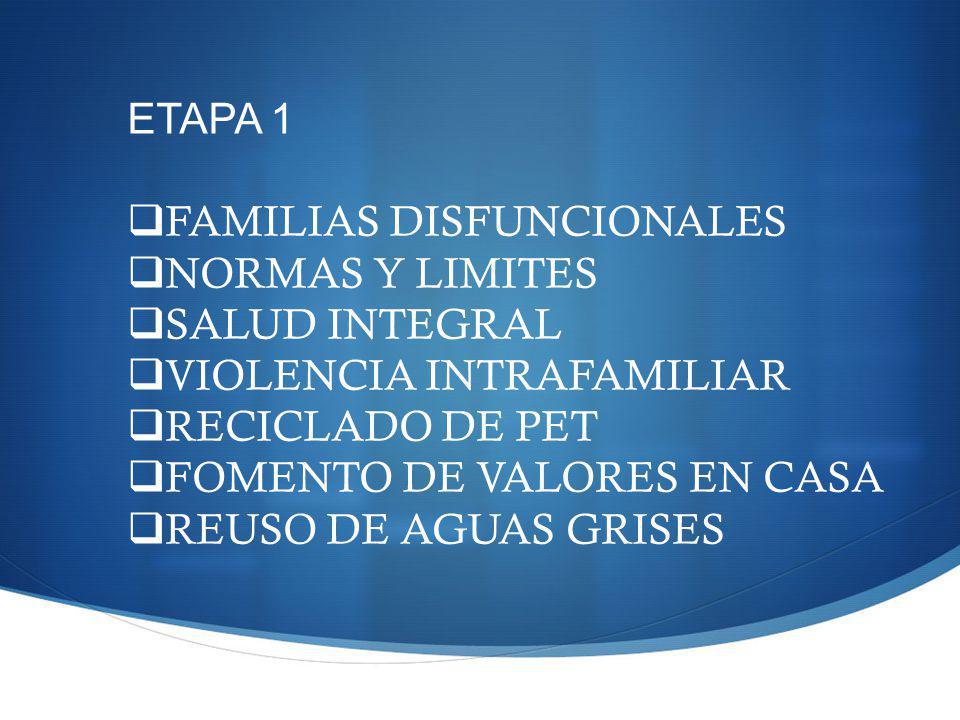 ETAPA 1 FAMILIAS DISFUNCIONALES. NORMAS Y LIMITES. SALUD INTEGRAL. VIOLENCIA INTRAFAMILIAR. RECICLADO DE PET.