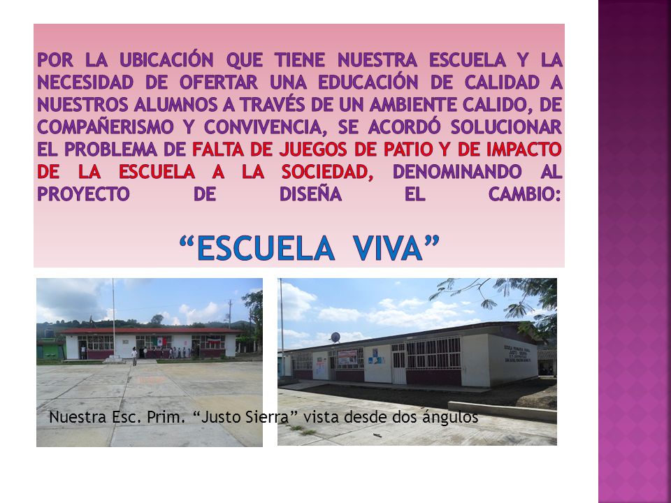 Por la ubicación que tiene nuestra escuela y la necesidad de ofertar una educación de calidad a nuestros alumnos a través de un ambiente calido, de compañerismo y convivencia, se acordó solucionar el problema de falta de juegos de patio y de impacto de la escuela a la sociedad, denominando al proyecto de diseña el cambio: escuela viva