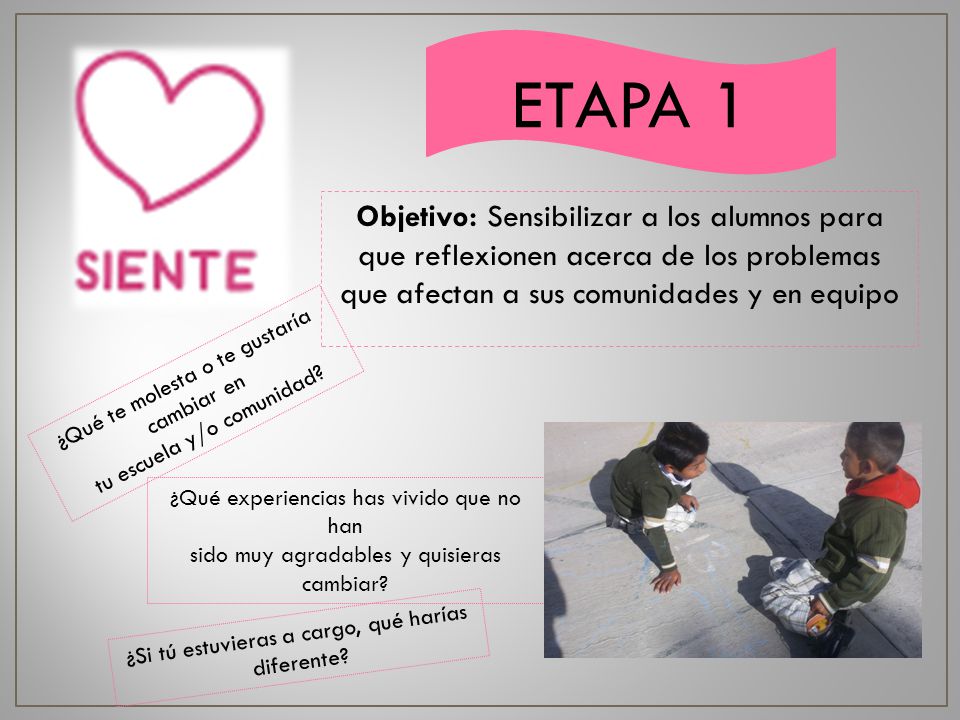 ETAPA 1 Objetivo: Sensibilizar a los alumnos para que reflexionen acerca de los problemas que afectan a sus comunidades y en equipo.
