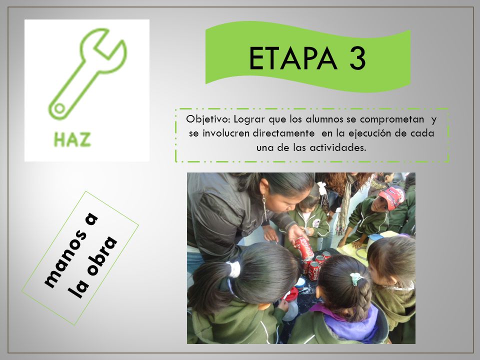 ETAPA 3 Objetivo: Lograr que los alumnos se comprometan y se involucren directamente en la ejecución de cada una de las actividades.