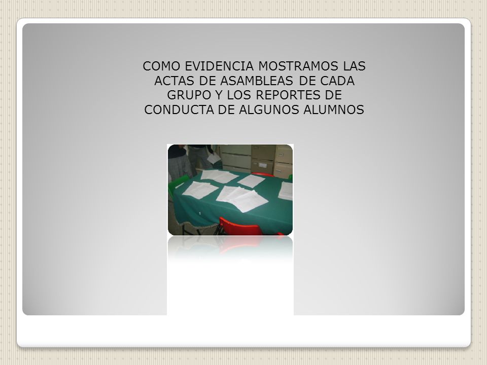COMO EVIDENCIA MOSTRAMOS LAS ACTAS DE ASAMBLEAS DE CADA GRUPO Y LOS REPORTES DE CONDUCTA DE ALGUNOS ALUMNOS
