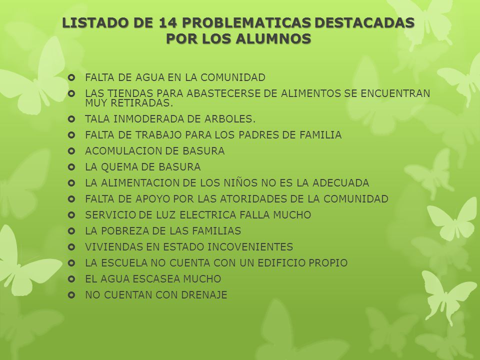 LISTADO DE 14 PROBLEMATICAS DESTACADAS POR LOS ALUMNOS