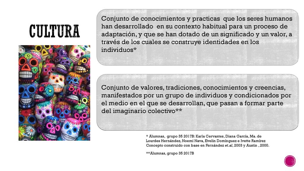 Conjunto de conocimientos y practicas que los seres humanos han desarrollado en su contexto habitual para un proceso de adaptación, y que se han dotado de un significado y un valor, a través de los cuales se construye identidades en los individuos*
