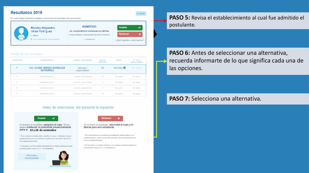 PASO 5: Revisa el establecimiento al cual fue admitido el postulante.
