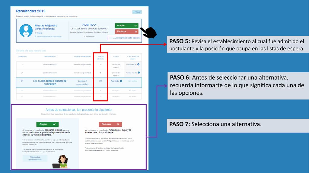 PASO 5: Revisa el establecimiento al cual fue admitido el postulante y la posición que ocupa en las listas de espera.