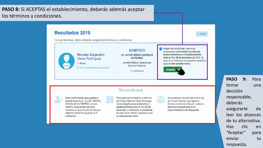 PASO 8: Si ACEPTAS el establecimiento, deberás además aceptar los términos y condiciones.