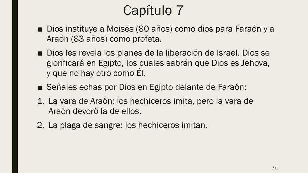 Capítulo 7 Dios instituye a Moisés (80 años) como dios para Faraón y a Araón (83 años) como profeta.