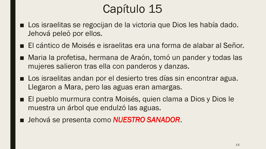 Capítulo 15 Los israelitas se regocijan de la victoria que Dios les había dado. Jehová peleó por ellos.