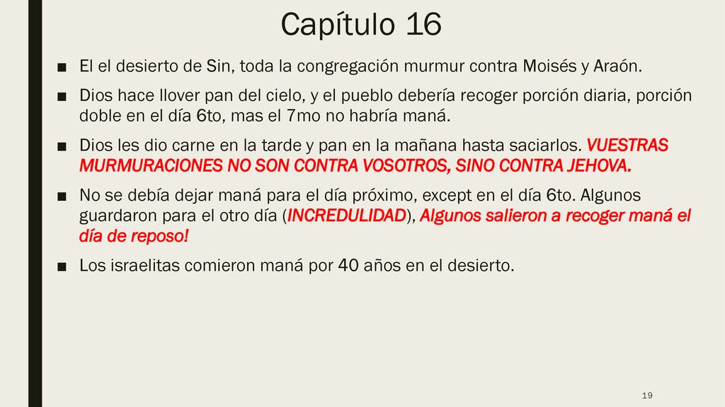Capítulo 16 El el desierto de Sin, toda la congregación murmur contra Moisés y Araón.