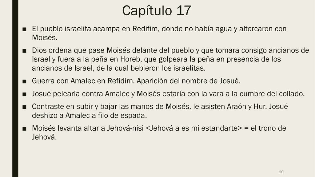 Capítulo 17 El pueblo israelita acampa en Redifim, donde no había agua y altercaron con Moisés.