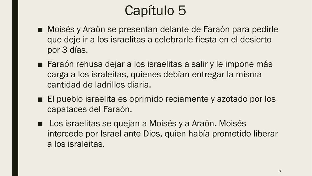 Capítulo 5 Moisés y Araón se presentan delante de Faraón para pedirle que deje ir a los israelitas a celebrarle fiesta en el desierto por 3 días.