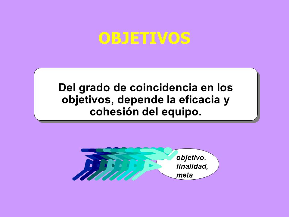 OBJETIVOS Del grado de coincidencia en los objetivos, depende la eficacia y cohesión del equipo. objetivo,