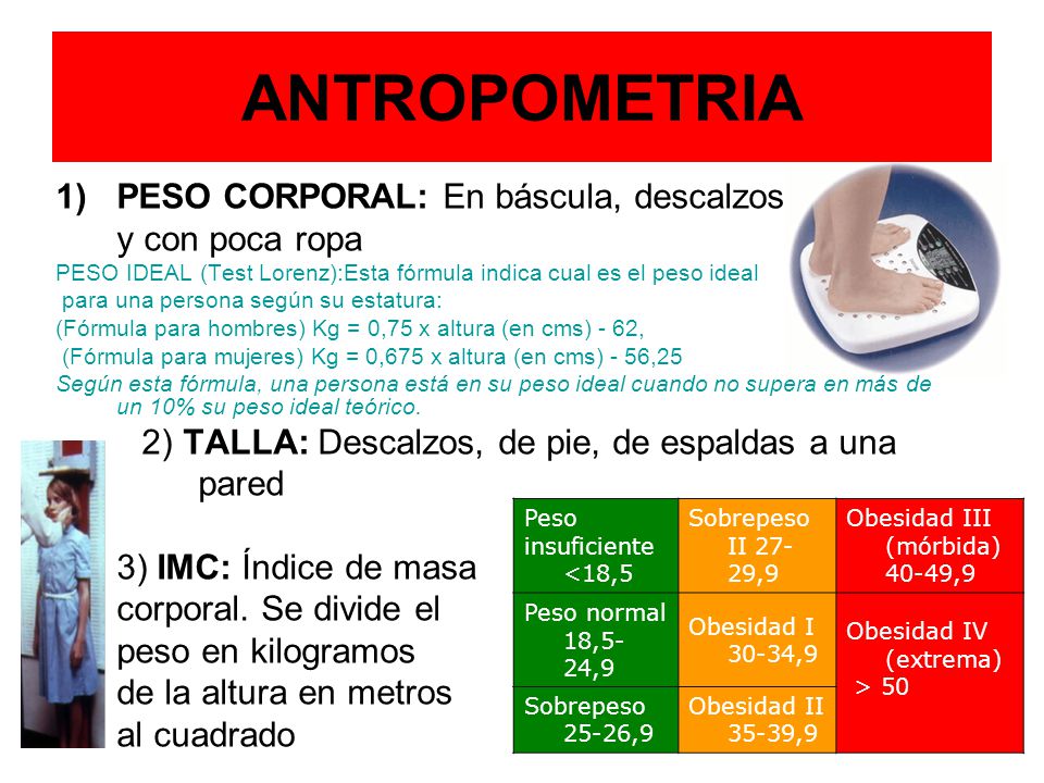 ANTROPOMETRIA PESO CORPORAL: En báscula, descalzos y con poca ropa
