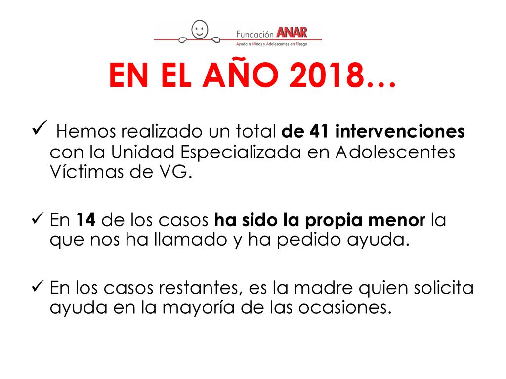 EN EL AÑO 2018… Hemos realizado un total de 41 intervenciones con la Unidad Especializada en Adolescentes Víctimas de VG.