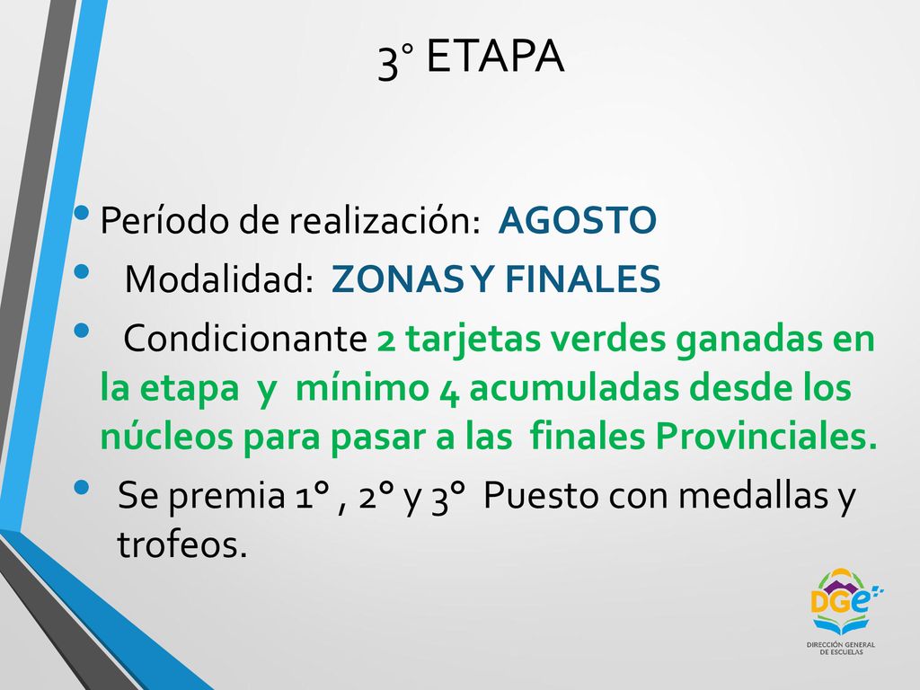 3° ETAPA Período de realización: AGOSTO Modalidad: ZONAS Y FINALES