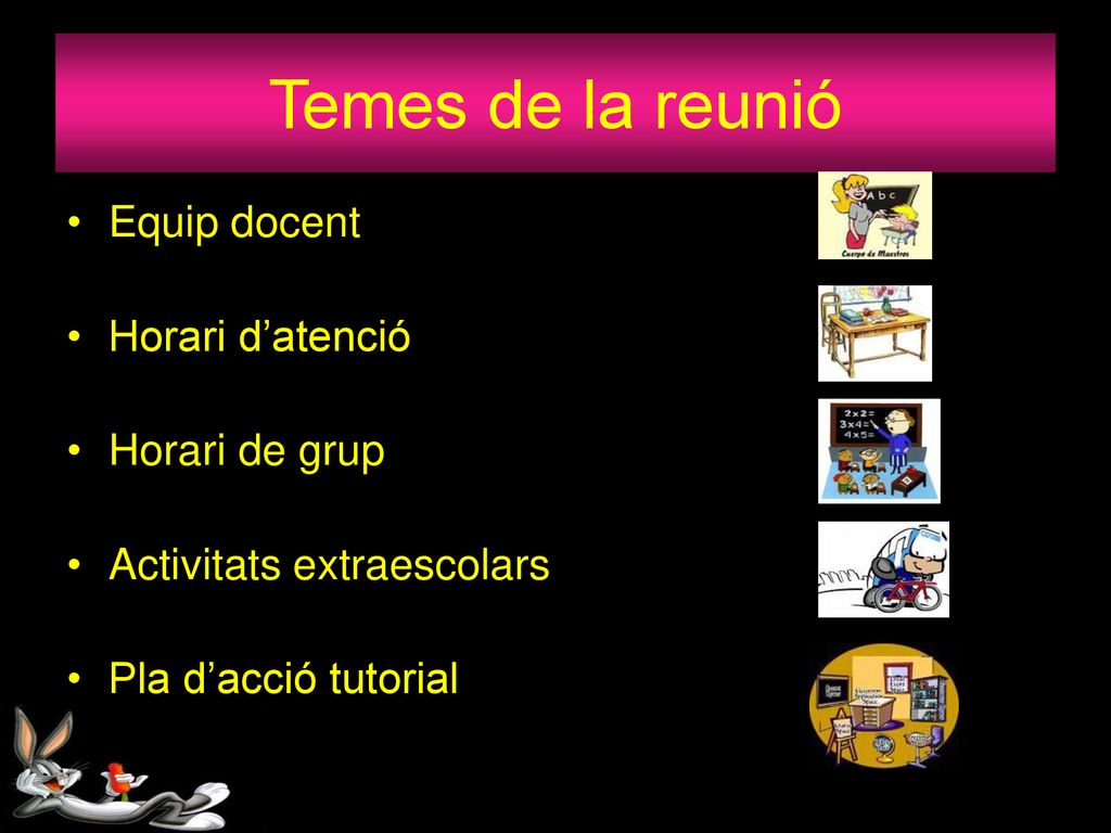 Temes de la reunió Equip docent Horari d’atenció Horari de grup