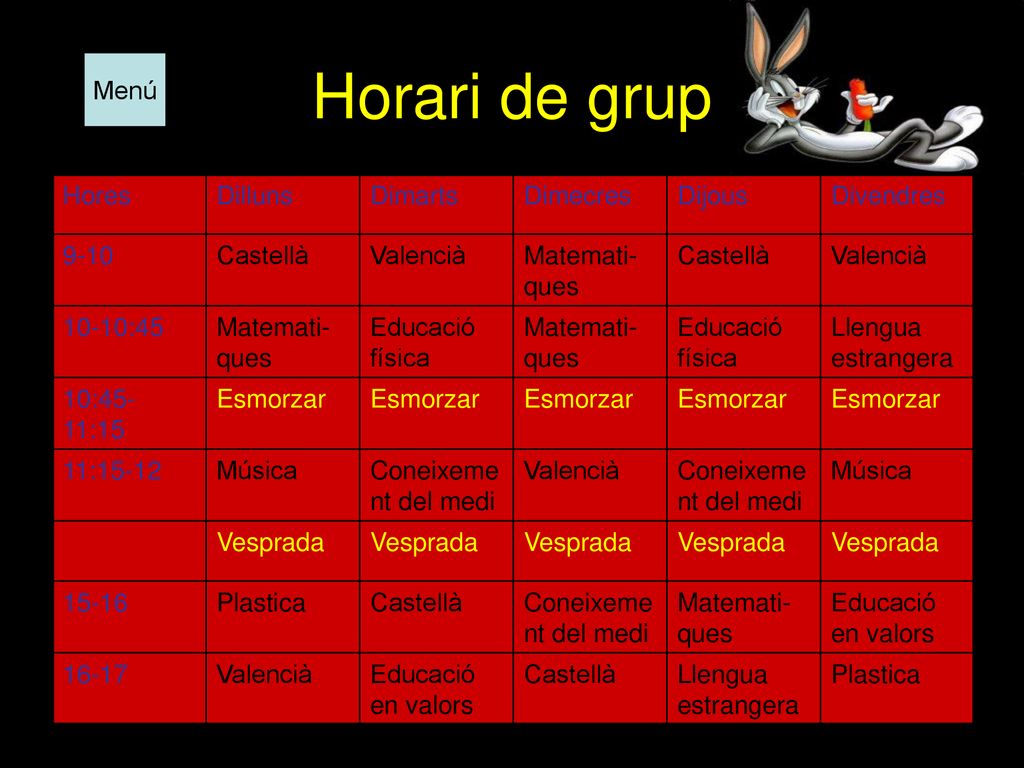 Horari de grup Menú Hores Dilluns Dimarts Dimecres Dijous Divendres